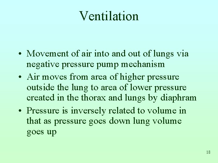 Ventilation • Movement of air into and out of lungs via negative pressure pump