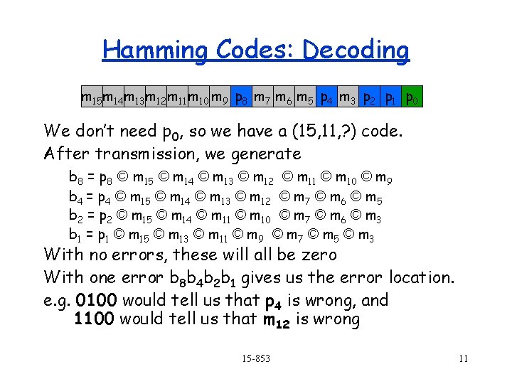 Hamming Codes: Decoding m 15 m 14 m 13 m 12 m 11 m Hamming Codes: Decoding m 15 m 14 m 13 m 12 m 11 m