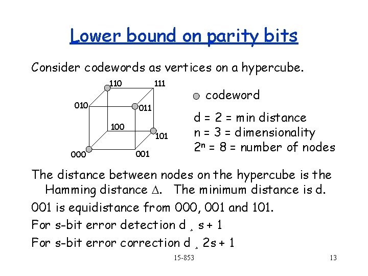 Lower bound on parity bits Consider codewords as vertices on a hypercube. 110 010 Lower bound on parity bits Consider codewords as vertices on a hypercube. 110 010