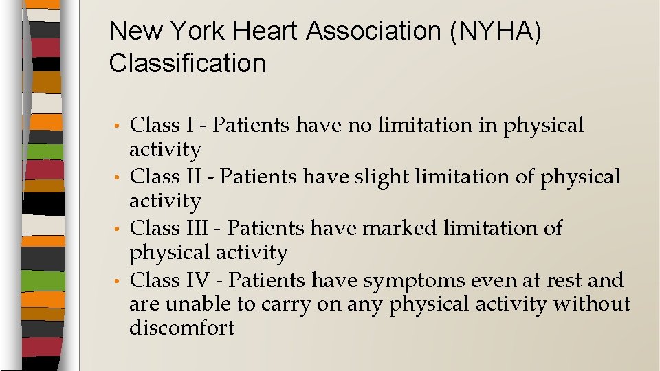 New York Heart Association (NYHA) Classification Class I - Patients have no limitation in