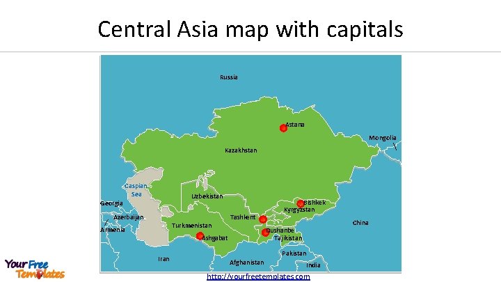 Central Asia map with capitals Russia Astana Mongolia Kazakhstan Caspian Sea Uzbekistan Georgia Tashkent