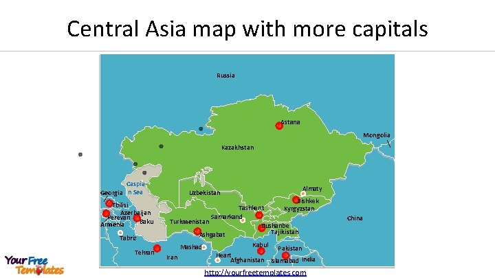 Central Asia map with more capitals Russia Astana Mongolia Kazakhstan Caspia Georgia n Sea