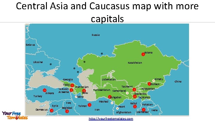 Central Asia and Caucasus map with more capitals Russia Belarus Astana Ukraine Kazakhstan Georgia