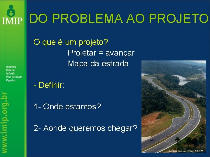 DO PROBLEMA AO PROJETO O que é um projeto? Projetar = avançar Mapa da