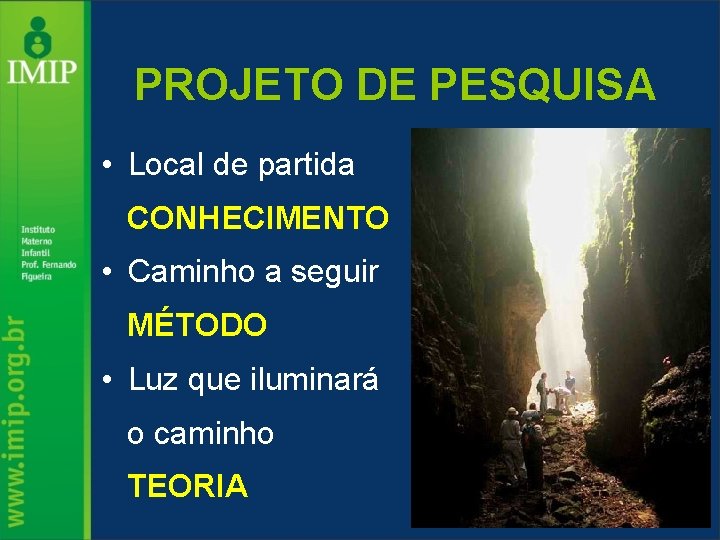 PROJETO DE PESQUISA • Local de partida CONHECIMENTO • Caminho a seguir MÉTODO •