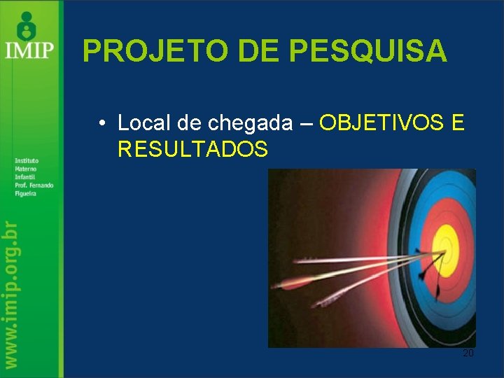 PROJETO DE PESQUISA • Local de chegada – OBJETIVOS E RESULTADOS 20 