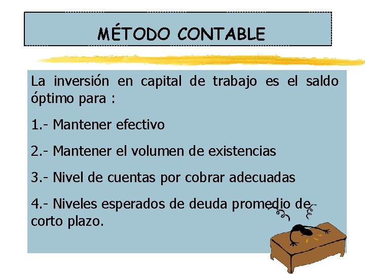 MÉTODO CONTABLE La inversión en capital de trabajo es el saldo óptimo para : MÉTODO CONTABLE La inversión en capital de trabajo es el saldo óptimo para :
