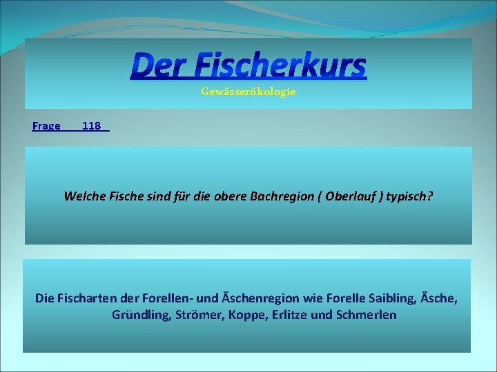 Der Fischerkurs Gewässerökologie Frage 118 Welche Fische sind für die obere Bachregion ( Oberlauf