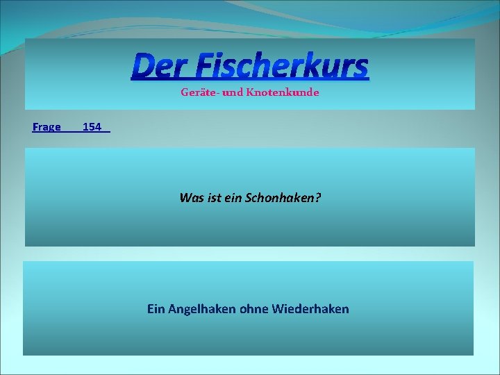 Der Fischerkurs Geräte- und Knotenkunde Frage 154 Was ist ein Schonhaken? Ein Angelhaken ohne