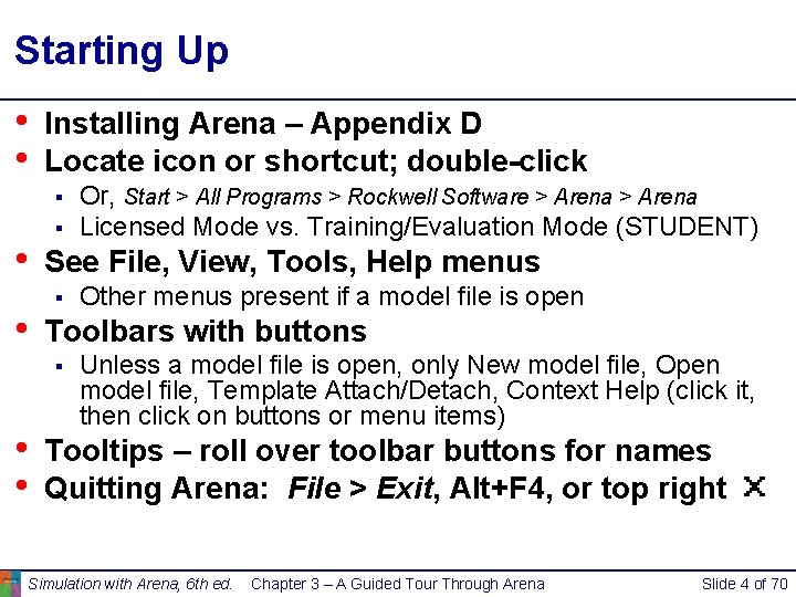 Starting Up • • Installing Arena – Appendix D Locate icon or shortcut; double-click Starting Up • • Installing Arena – Appendix D Locate icon or shortcut; double-click