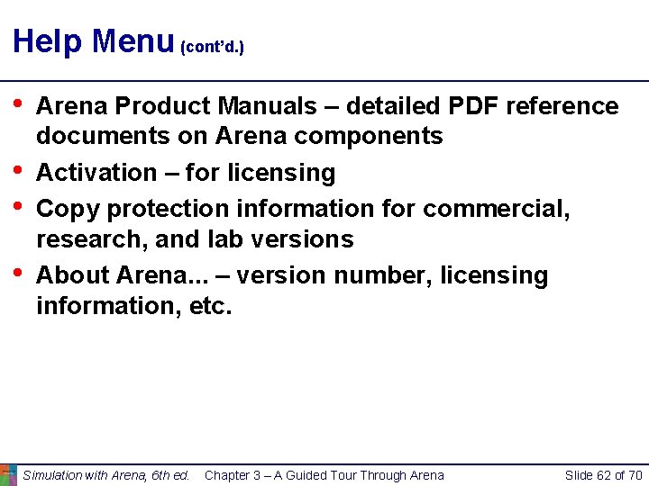 Help Menu (cont’d. ) • • Arena Product Manuals – detailed PDF reference documents Help Menu (cont’d. ) • • Arena Product Manuals – detailed PDF reference documents