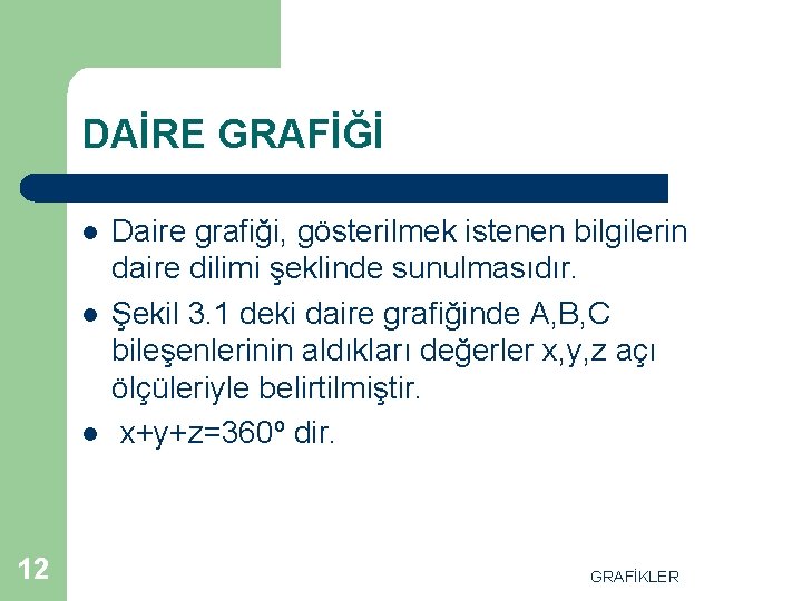 DAİRE GRAFİĞİ l l l 12 Daire grafiği, gösterilmek istenen bilgilerin daire dilimi şeklinde