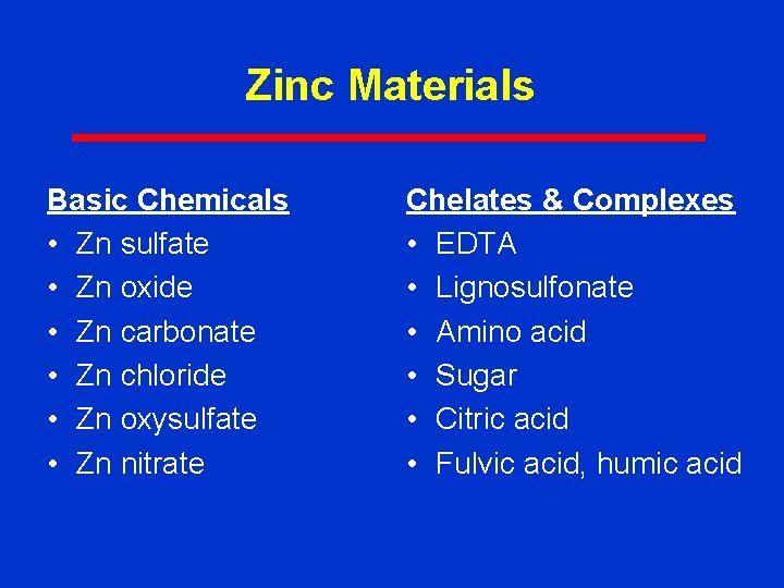 Zinc Materials Basic Chemicals • Zn sulfate • Zn oxide • Zn carbonate •