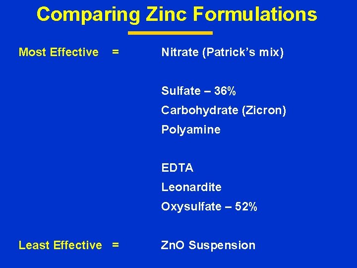 Comparing Zinc Formulations Most Effective = Nitrate (Patrick’s mix) Sulfate – 36% Carbohydrate (Zicron)