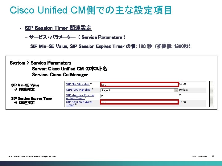 Cisco Unified CM側での主な設定項目 § SIP Session Timer 関連設定 - サービス・パラメーター ( Service Parameters )