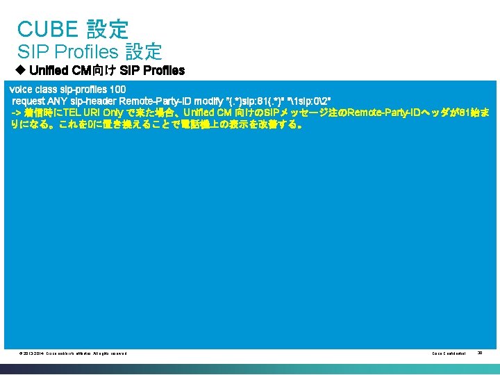 CUBE 設定 SIP Profiles 設定 u Unified CM向け SIP Profiles voice class sip-profiles 100