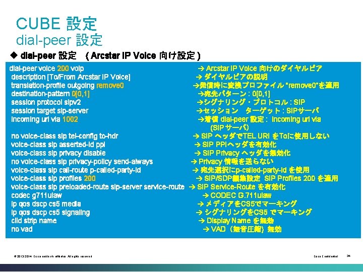 CUBE 設定　 dial-peer 設定 u dial-peer 設定　( Arcstar IP Voice 向け設定 ) dial-peer voice