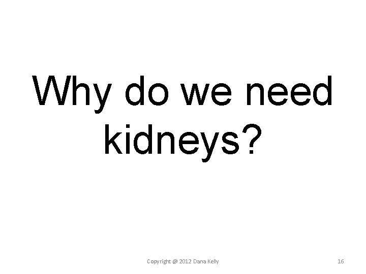 Why do we need kidneys? Copyright @ 2012 Dana Kelly 16 Why do we need kidneys? Copyright @ 2012 Dana Kelly 16