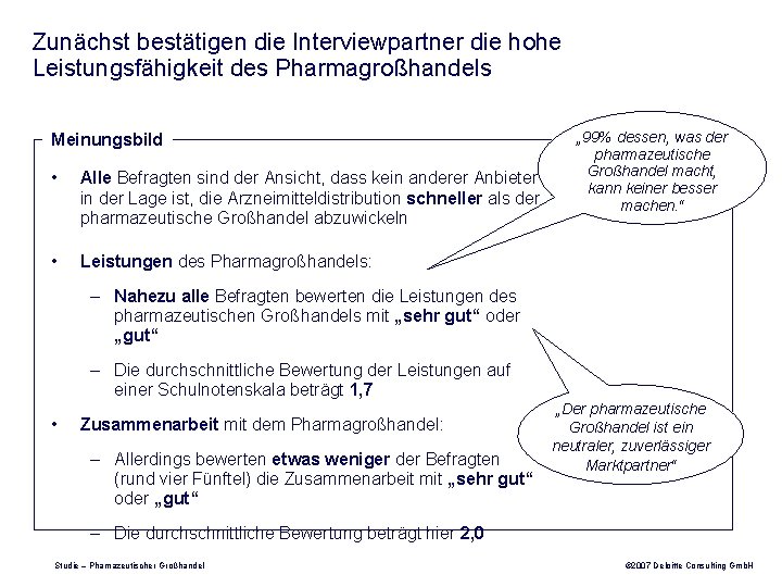 Zunächst bestätigen die Interviewpartner die hohe Leistungsfähigkeit des Pharmagroßhandels Meinungsbild • Alle Befragten sind