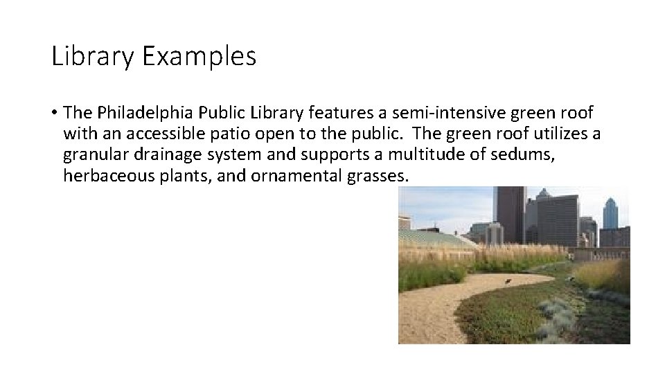 Library Examples • The Philadelphia Public Library features a semi-intensive green roof with an
