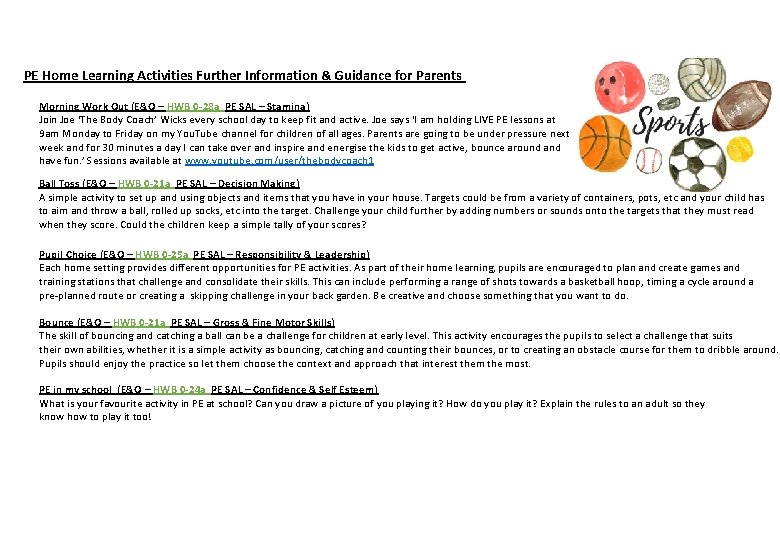 PE Home Learning Activities Further Information & Guidance for Parents Morning Work Out (E&O