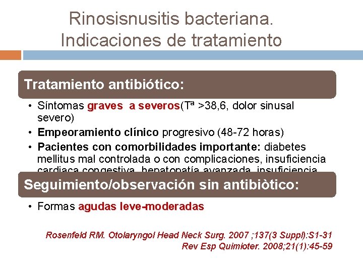 Rinosisnusitis bacteriana. Indicaciones de tratamiento Tratamiento antibiótico: • Síntomas graves a severos(Tª >38, 6,