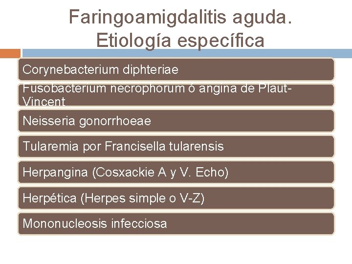 Faringoamigdalitis aguda. Etiología específica Corynebacterium diphteriae Fusobacterium necrophorum ó angina de Plaut. Vincent Neisseria