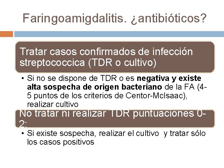 Faringoamigdalitis. ¿antibióticos? Tratar casos confirmados de infección streptococcica (TDR o cultivo) • Si no