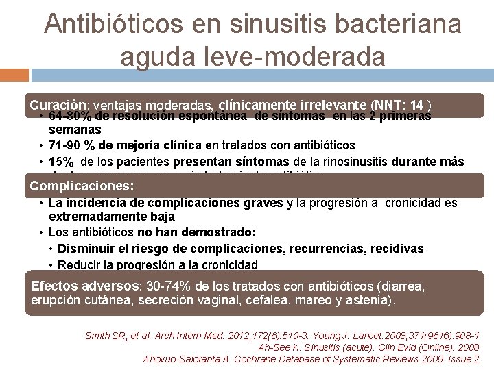 Antibióticos en sinusitis bacteriana aguda leve-moderada Curación: ventajas moderadas, clínicamente irrelevante (NNT: 14 )