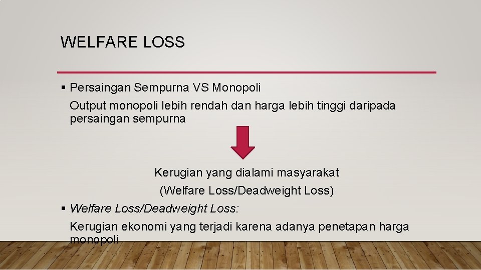 WELFARE LOSS § Persaingan Sempurna VS Monopoli Output monopoli lebih rendah dan harga lebih