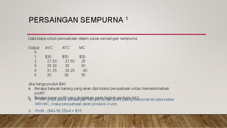 PERSAINGAN SEMPURNA 1 Data biaya untuk perusahaan dalam pasar persaingan sempurna: Output 0 1