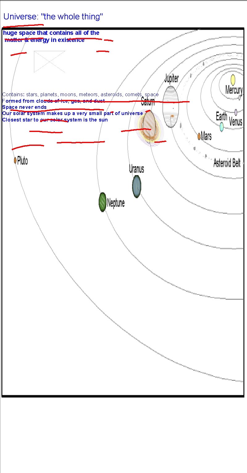 Universe: "the whole thing" huge space that contains all of the matter & energy