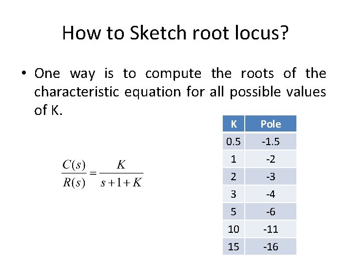 How to Sketch root locus? • One way is to compute the roots of