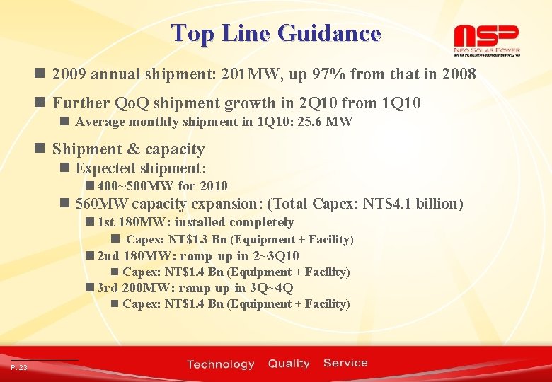 Top Line Guidance n 2009 annual shipment: 201 MW, up 97% from that in