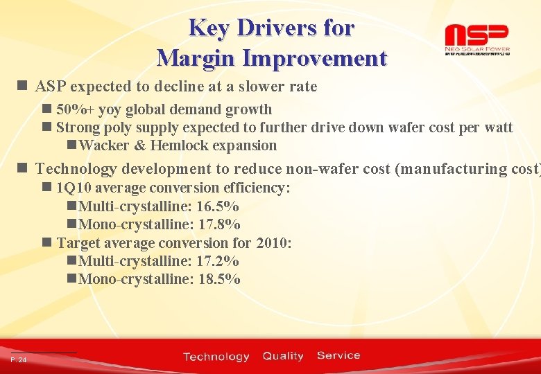 Key Drivers for Margin Improvement n ASP expected to decline at a slower rate