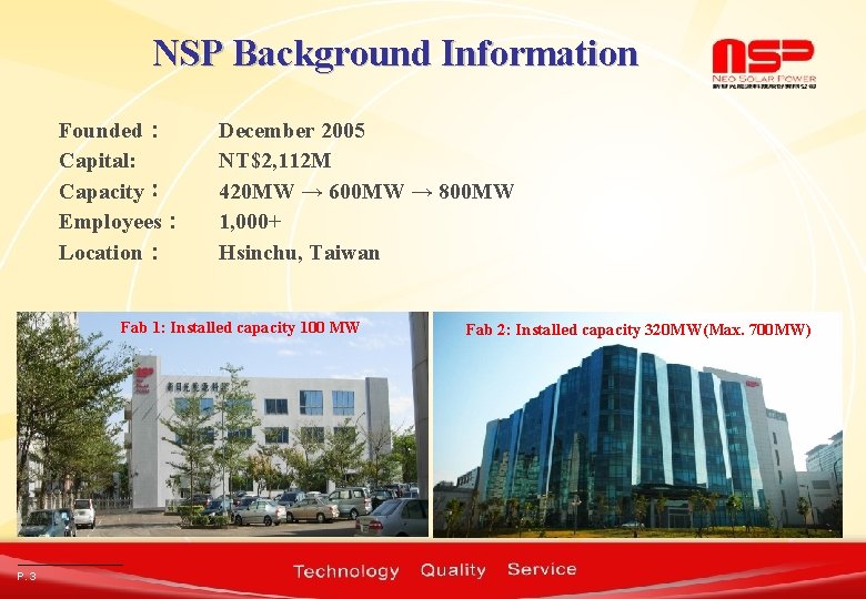 NSP Background Information Founded： Capital: Capacity： Employees： Location： December 2005 NT$2, 112 M 420