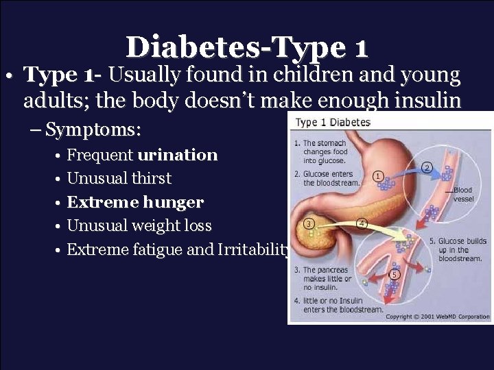 Diabetes-Type 1 • Type 1 - Usually found in children and young adults; the