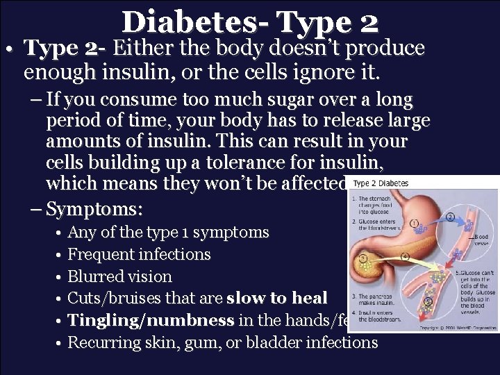 Diabetes- Type 2 • Type 2 - Either the body doesn’t produce enough insulin,