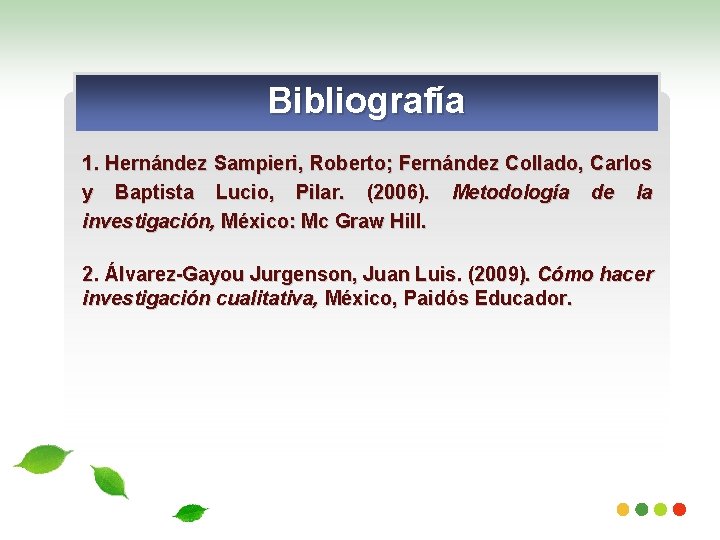 Bibliografía 1. Hernández Sampieri, Roberto; Fernández Collado, Carlos y Baptista Lucio, Pilar. (2006). Metodología