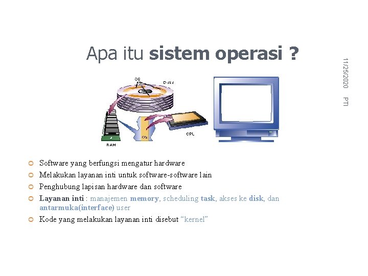 11/25/2020 Apa itu sistem operasi ? PTI Software yang berfungsi mengatur hardware Melakukan layanan