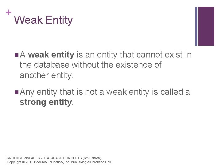 + Weak Entity n. A weak entity is an entity that cannot exist in