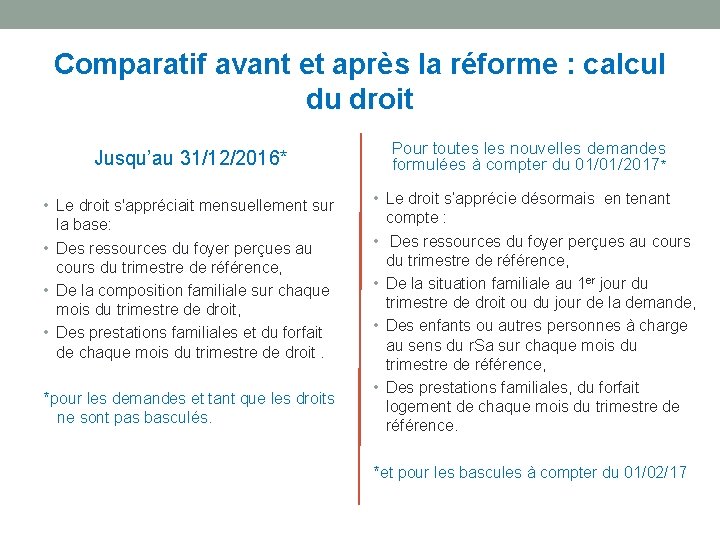 Comparatif avant et après la réforme : calcul du droit Jusqu’au 31/12/2016* • Le