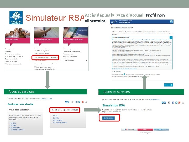 Accès depuis la page d’accueil Profil non allocataire Simulateur RSA 