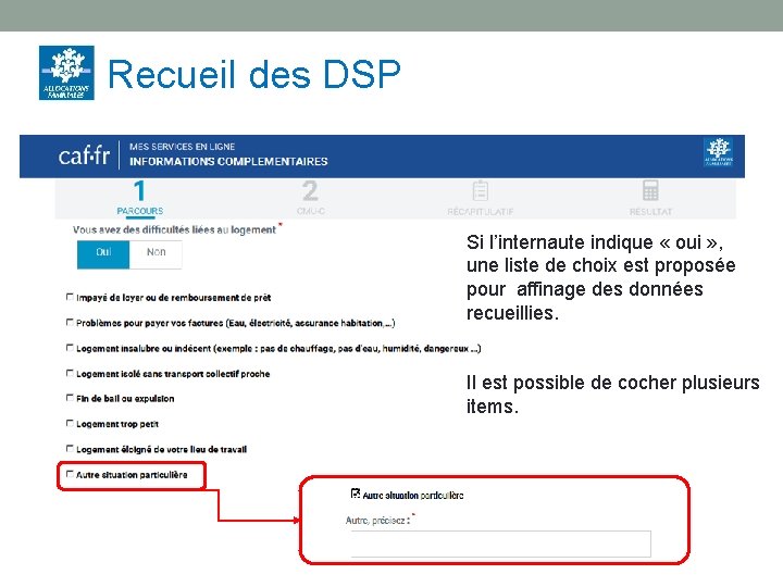 Recueil des DSP Si l’internaute indique « oui » , une liste de choix