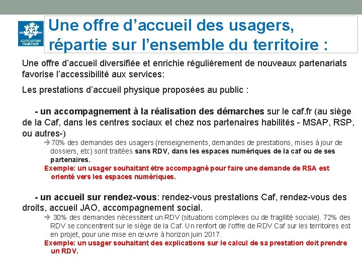 Une offre d’accueil des usagers, répartie sur l’ensemble du territoire : Une offre d’accueil