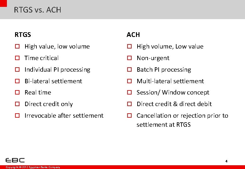 RTGS vs. ACH RTGS ACH o High value, low volume o High volume, Low