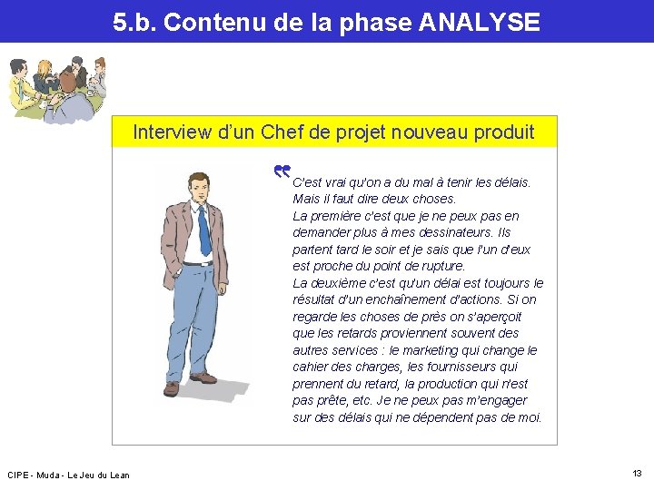 5. b. Contenu de la phase ANALYSE Interview d’un Chef de projet nouveau produit