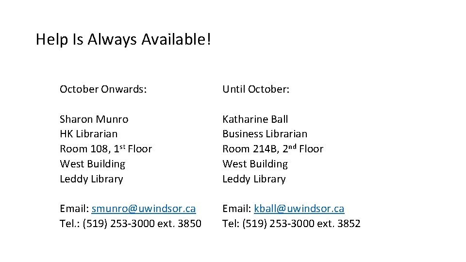 Help Is Always Available! October Onwards: Sharon Munro HK Librarian Room 108, 1 st