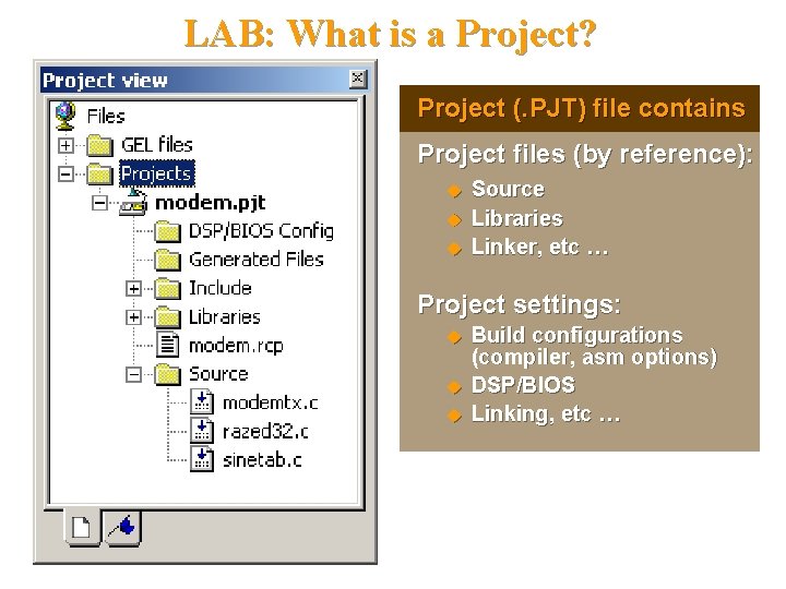 LAB: What is a Project? Project (. PJT) file contains Project files (by reference):