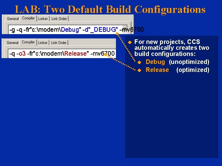 LAB: Two Default Build Configurations -g -q -fr"c: modemDebug" -d"_DEBUG" -mv 6700 -q -o